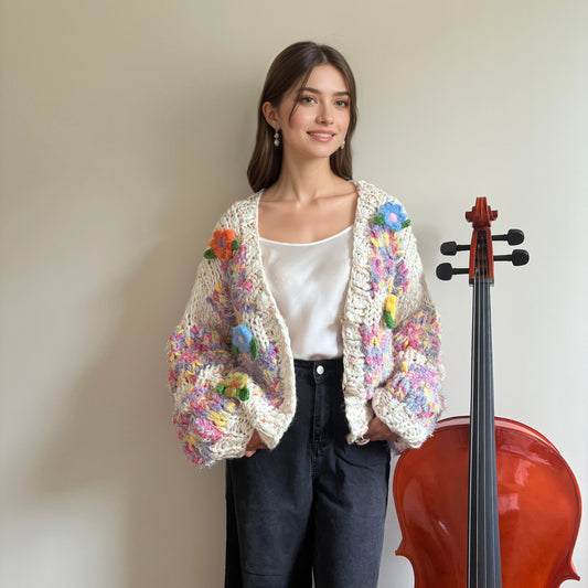 Vintage-Inspired Floral Knit Cardigan with Puff Sleeves