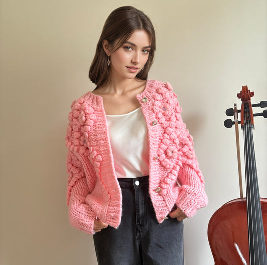Hand - Knitted Pink Floral Accent Cardigan