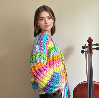 Hand-Knit Rainbow Striped Oversized Cardigan