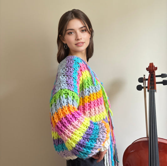 Hand-Knit Rainbow Striped Oversized Cardigan