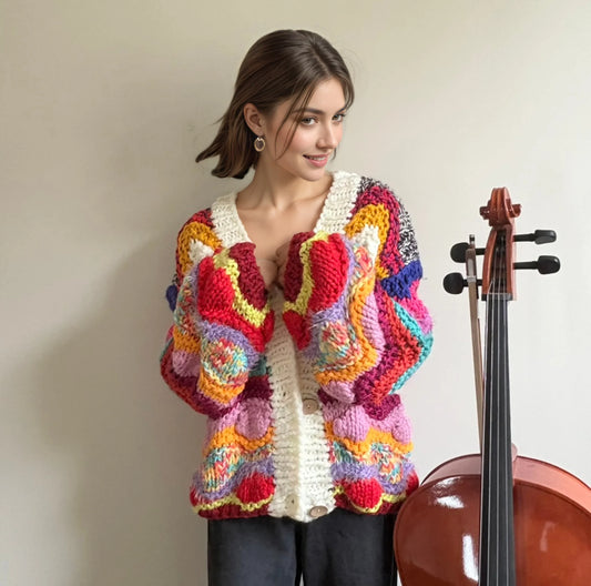 Woman in colorful chunky knit cardigan by HazumiCrafts standing beside a cello