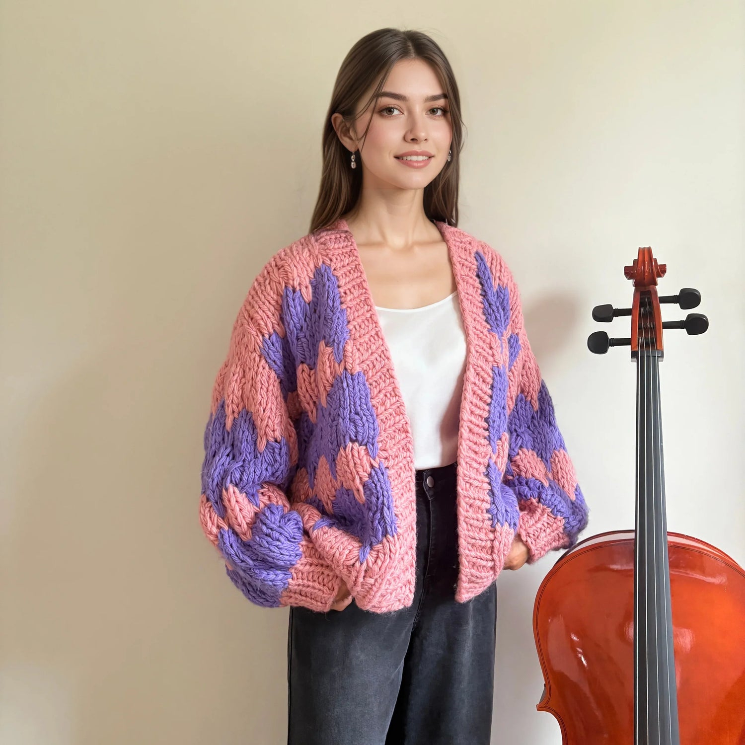Woman wearing chunky knit pink and purple cardigan with cello, HazumiCrafts handmade knitwear