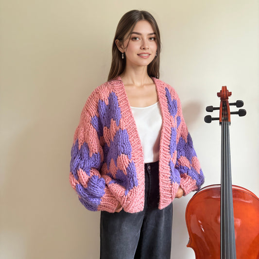 Oversized Chunky Knit Cardigan - Pink & Purple Colorblock Open Front Sweater with Puff Sleeves