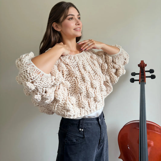 Woman in chunky knit handmade sweater by HazumiCrafts, next to a cello, oversized knitwear