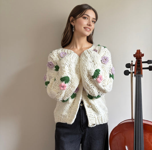 Handmade Floral Crochet Cardigan - Chunky Knit Sweater with 3D Flower Embellishments