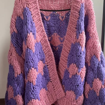 Oversized Chunky Knit Cardigan - Pink & Purple Colorblock Open Front Sweater with Puff Sleeves