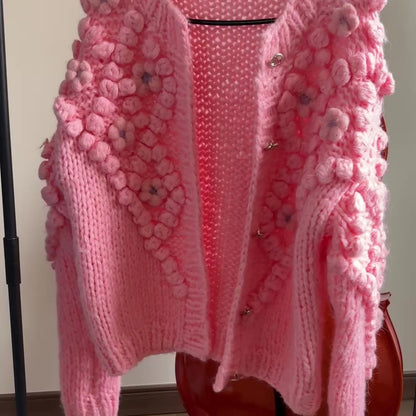 Hand - Knitted Pink Floral Accent Cardigan