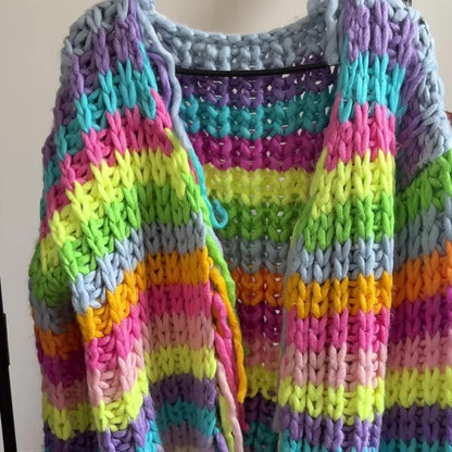 Hand-Knit Rainbow Striped Oversized Cardigan
