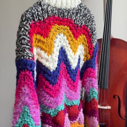 Hand-Crocheted Oversized Cardigan with Vibrant Chevron Patterns