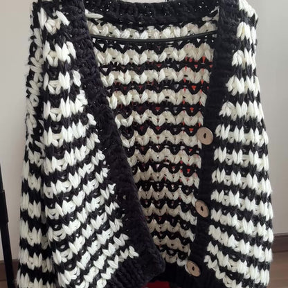 Oversized Chunky Knit Cardigan - Black & White Striped Vintage-Inspired Long Sleeve Sweater with Wooden Buttons