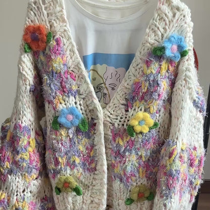 Vintage-Inspired Floral Knit Cardigan with Puff Sleeves