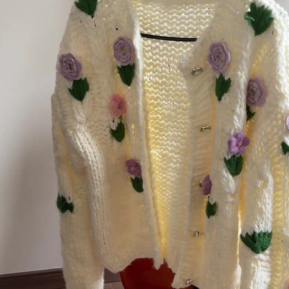 Handmade Floral Crochet Cardigan - Chunky Knit Sweater with 3D Flower Embellishments