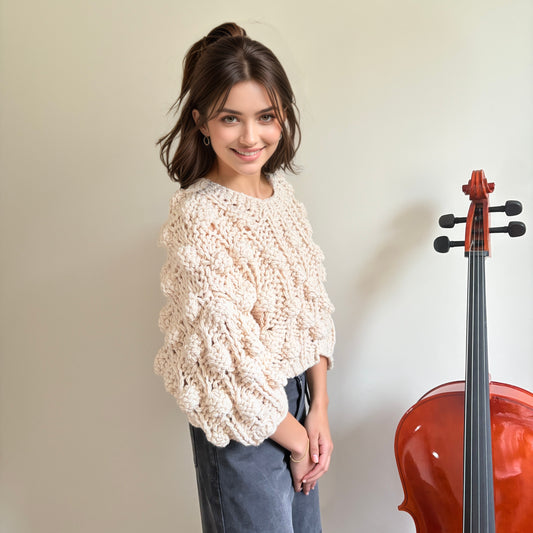 Handmade Crochet Pompom Sweater - Unique Textured Knit Top