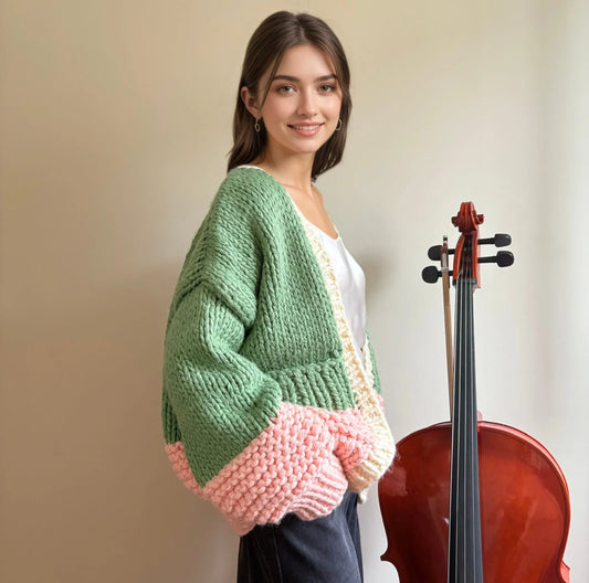 Woman in oversized chunky knit sweater by HazumiCrafts standing beside cello