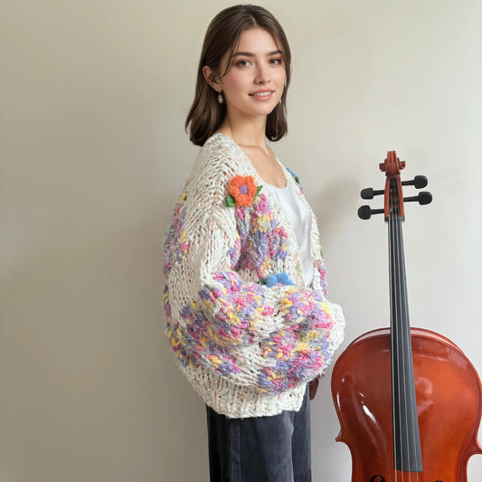 Woman in handmade chunky knit cardigan with colorful flowers, standing by a cello