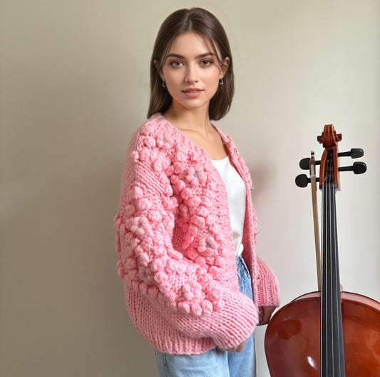 Hand - Knitted Pink Floral Accent Cardigan