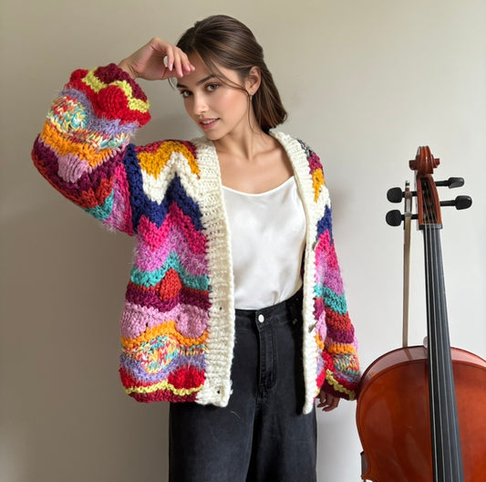 Hand-Crocheted Oversized Cardigan with Vibrant Chevron Patterns