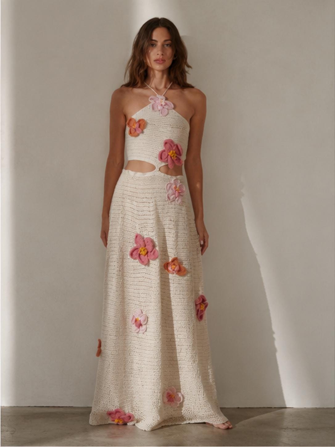 Cream crochet halter maxi dress with floral cutout waist by HazumiCrafts