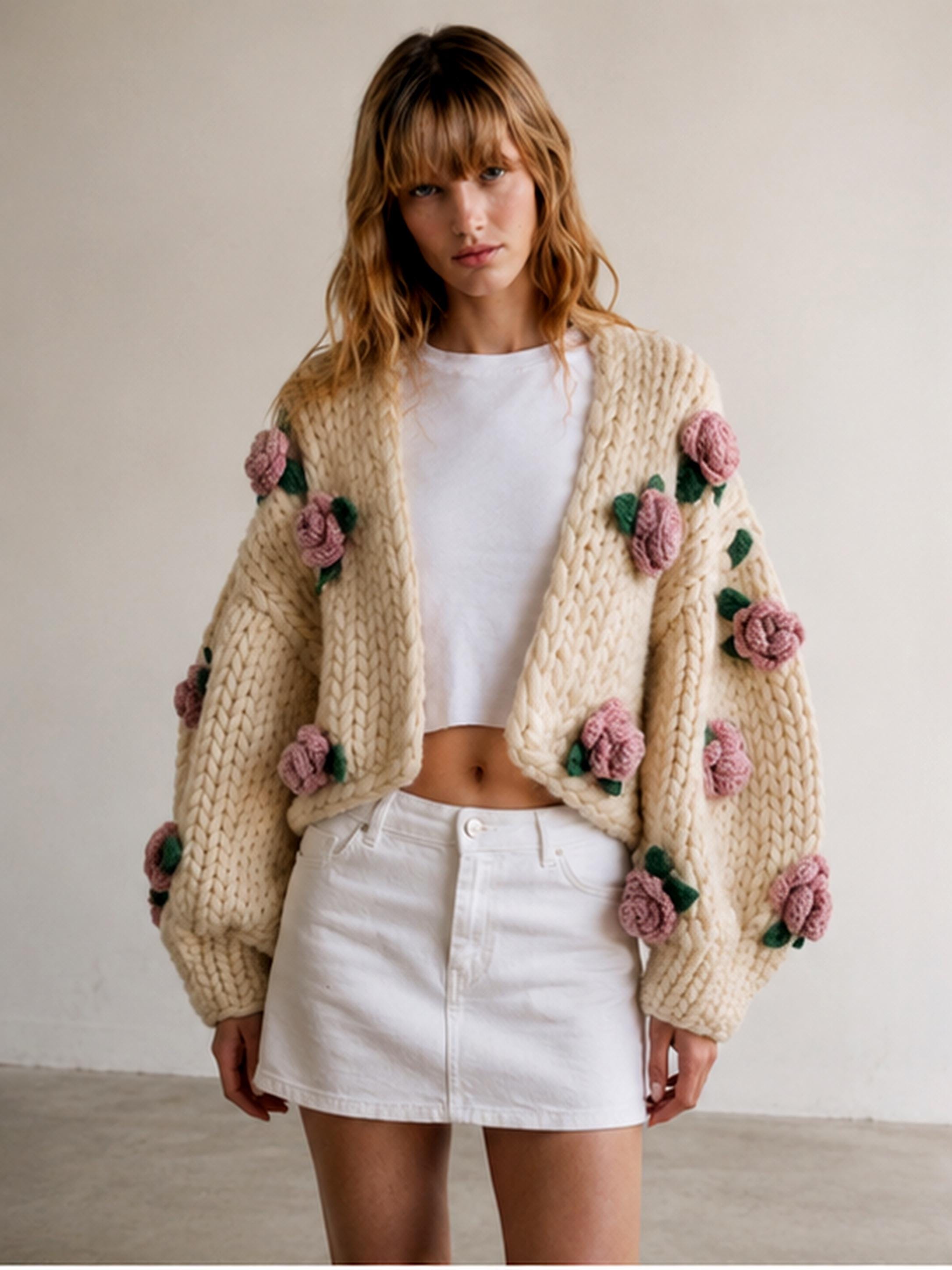 Cream beige chunky hand-knit cardigan by HazumiCrafts
